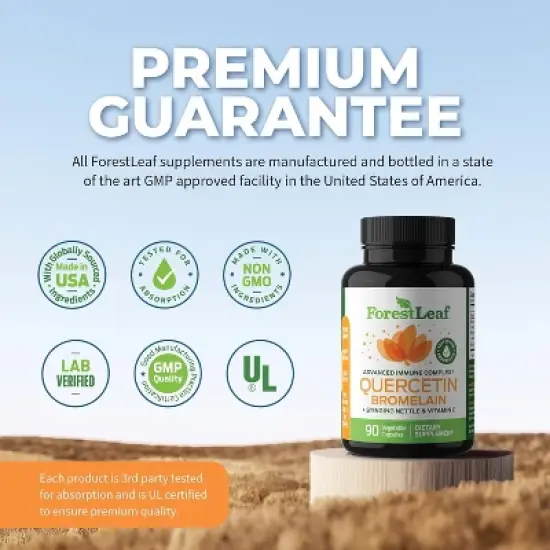 Forest Leaf Quercetin with Bromelain 1350mg Blend with Vitamin C & Stinging Nettle Supplement, Quercetin 500mg Capsules - 90 Vegetable Caps image {4}