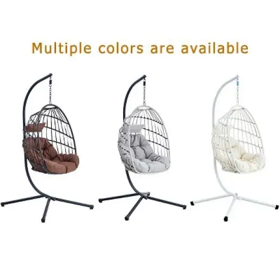 FIONECA Indoor/Outdoor Egg Swing Chair with Stand &uml;C Gray Wicker Hanging Hammock Chair with Rope Back, Cushion & Cover image {12}