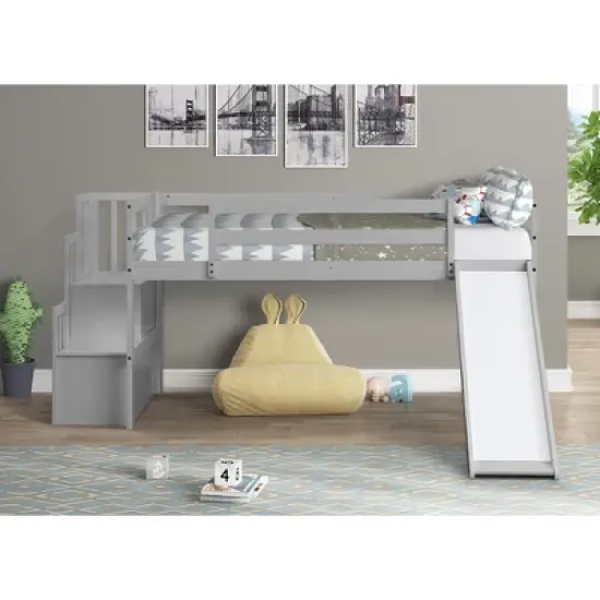 Twin size Loft Bed with Staircase, Safety Guardrails and Slide-ModernLuxe image {2}