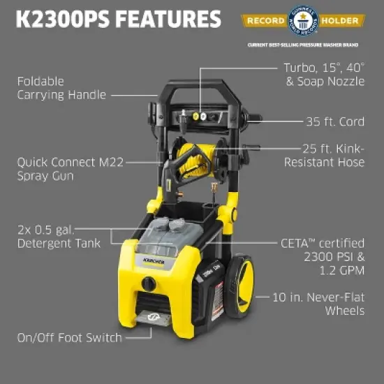 Karcher K2300PS Electric Pressure Washer, 2300 PSI, 1.2 GPM, CETA Certified image {1}