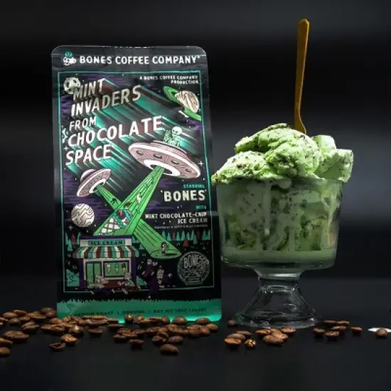 Bones Coffee Company Mint Invaders Ground Coffee Beans Mint Chocolate Flavor 12 oz Medium Roast (Ground) image {3}