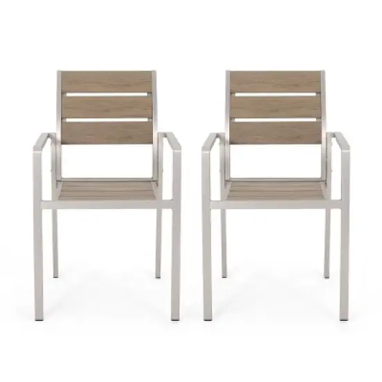 Modern Outdoor Lightweight Aluminum Patio Dining Arm Chairs Set of 2,Slat Back Garden Faux Wood Seat Indoor Kitchen Dining Chair-Coolbibila image {4}