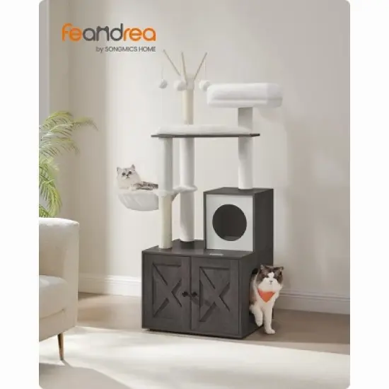 LEDREM WoodyWonders Cat Tree with Litter Box Enclosure, 2-in-1 Modern Tower, Furniture Hidden, Cat Condo with Scratching Posts image {10}