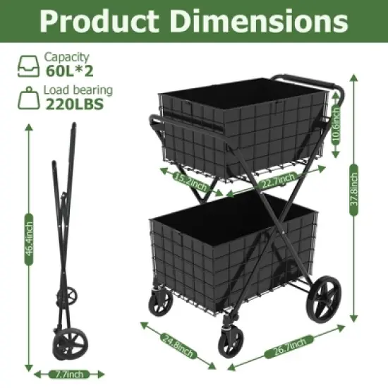 HTUTWOO 2 Layers Grocery Cart on Wheels, Jumbo Folding Utility Carts with Double Basket Waterproof Liner for Easy Transport, Groceries, Shopping image {1}