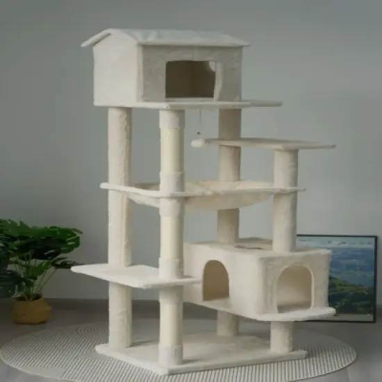 SEVOBAL Pet Tower 63-Inch Multi-Level Cat Tree with Plush Perches, Scratching Posts, Spacious for Play, Relaxation, Beige, 22.44"*11.42"*18.5" image {3}