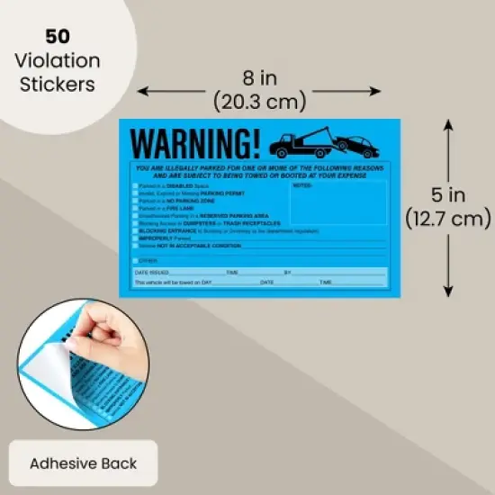 Juvale 50 Pack Blue Parking Violation Tickets for Window, Adhesive No Parking Towing Sign Warning Stickers, 8.2 x 5.2 In image {1}