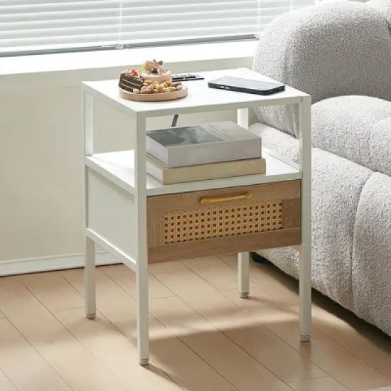 Rattan Nightstand Set of 2,Narrow Side Table with Drawer, Wood Accent End Table,Bedside Table with Storage for Living Room Bedroom Office image {3}