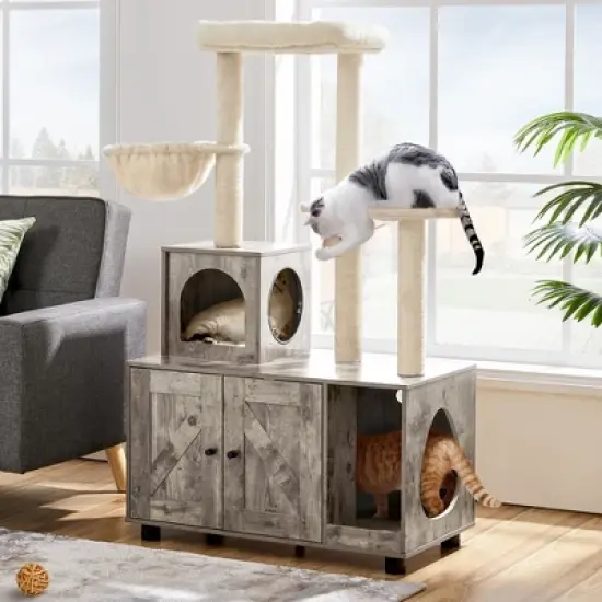 Yaheetech Wooden Litter Box Enclosure with Cat Tree Tower image {1}