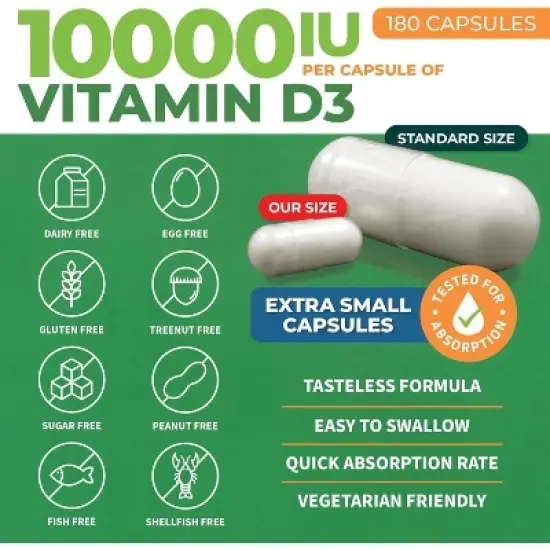 Forest Leaf Vitamin D3 10,000 IU - Bone Health and Immune Support, Small Easy-to-Swallow Capsules Vitamin D Supplements for Women and Men, 180 Caps image {1}