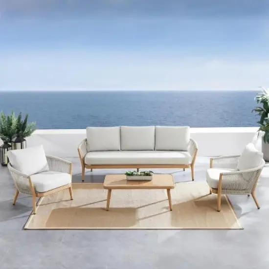 Imitation Teak 4Piece Patio Furniture Suite Modular Sofa & Accent Chair Set with Corded Weave Sides + Square Geometric Grain Table image {1}