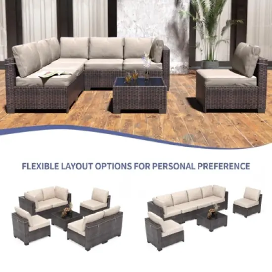 7-Piece Wicker Patio Sofa Set, Outdoor Sectional Couches with Coffee Table and Cushions for Garden and Porch image {2}