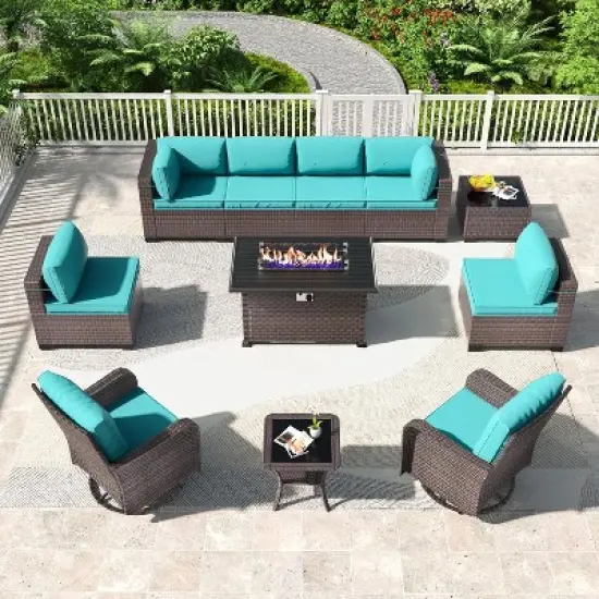 ALAULM 11PCS Outdoor Patio Furniture Set,PE Rattan Sectional Sofa Patio Conversation Sets with Fire Pit Table image {8}