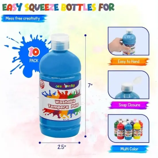 4E's Novelty Washable Tempera Paint Set for Kids &ndash; 10 Bright Colors &ndash; 16oz Bottles Washable Paint image {2}