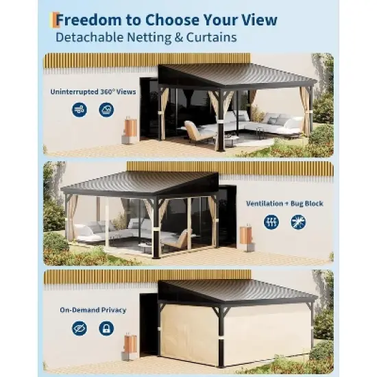12'x16' Hardtop Gazebo with Netting & Curtains - Wall-Mounted Aluminum Pergola, Galvanized Steel Roof, Gutters - Weatherproof for Patio, Deck image {3}