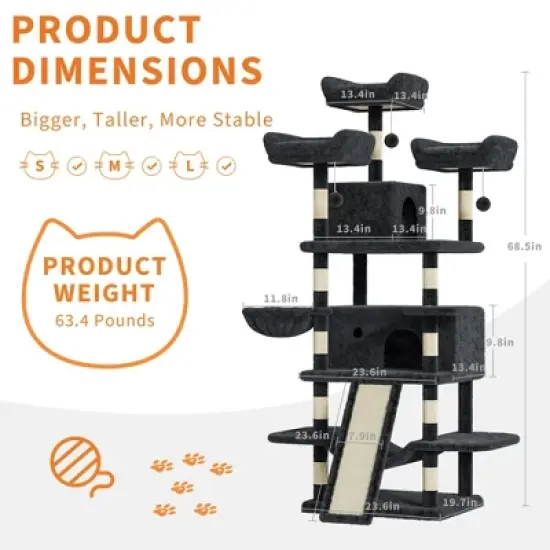 68.5 Inch Multi-Level Cat Tree, Plush Cat Tower with Condo/Sisal Scratching Posts image {5}