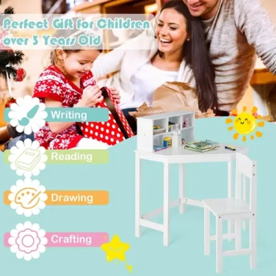 Costway Kids Corner Desk & Chair Set Wooden Study Writing Workstation with Storage & Hutch image {6}