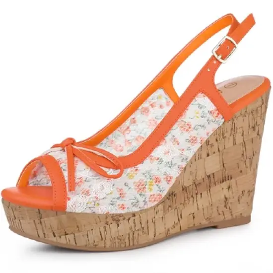 Allegra K Women's Wood Platform Heels Bow Lace Wedge Sandals image {8}