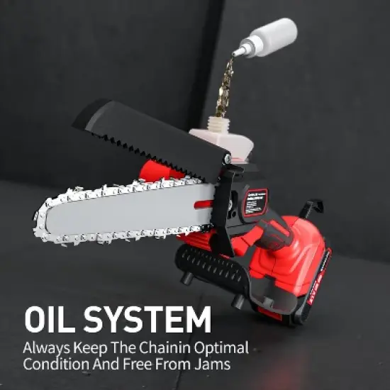 Gardenjoy Cordless Mini Chainsaw - 6 Inch - 21V with 2 Batteries & 2 Chains - Safety Lock & Auto Oiler image {5}