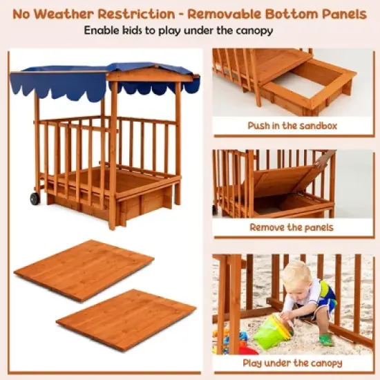 Costway Wooden Retractable Sandbox  with Cover & Built-in Wheels Kids Outdoor Playhouse image {7}
