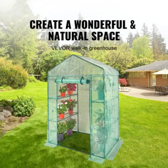 VEVOR Walk-in Green House, 4.6 x 2.4 x 6.7 ft, Greenhouse with Shelves, High Strength PE Cover with Doors, Windows and Steel Frame,Set Up in Minutes image {2}