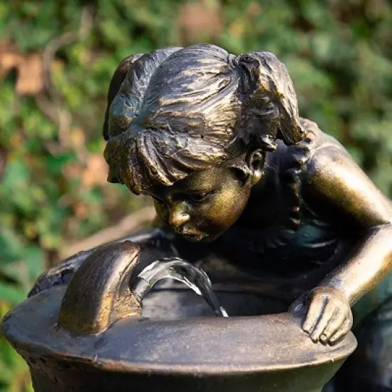 27" Resin Indoor/Outdoor Girl and Boy Drinking Water Fountain Yard D&eacute;cor Bronze - Alpine Corporation image {3}