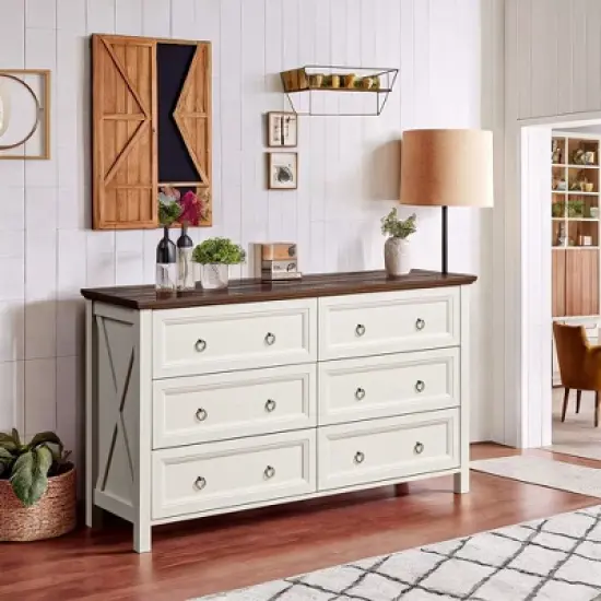Resenkos Farmhouse 6 Drawers Dresser for Bedroom, Wood Vintage Wide Storage Dressers Organizer, Antique White image {4}