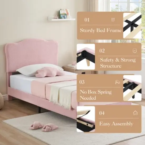 Pink Twin Bed Frame for Kids, Upholstered Platform Bed with Cute Boucle Velvet Headboard for Girls image {3}