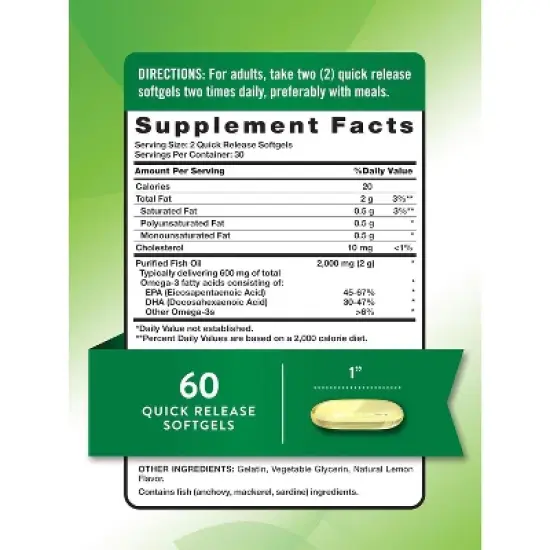 Nature's Truth Fish Oil Omega 3 | 2000 mg | 60 Softgels | Lemon Flavor | EPA & DHA | Non-GMO and Gluten Free Supplement image {1}