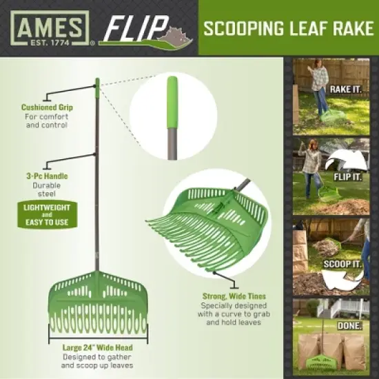 Ames Flip 24 Inch Scooping Leaf Rake 3 Pc Steel Handle - AMES image {1}