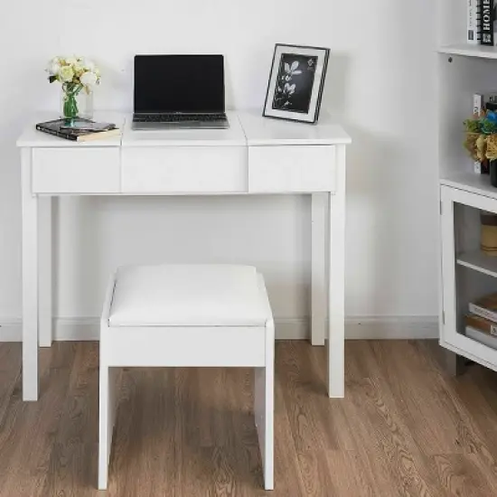 Costway White Vanity Dressing Table Furniture Stool Storage Box image {7}