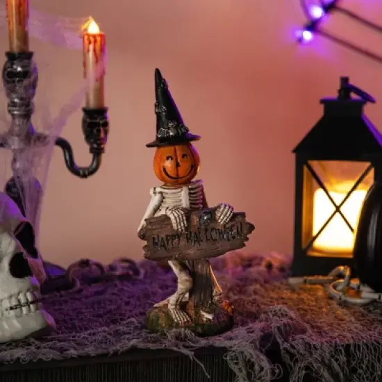 Northlight Jack-O-Lantern Skeleton in Witch's Hat and Happy Halloween Sign - 9.5" image {1}