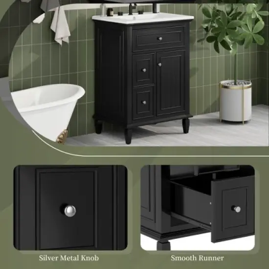 24"W Bathroom Vanity with Ceramic Sink, Bathroom Storage Cabinet with Flip Drawer, White/Black/Light Green/Blue Gray - ModernLuxe image {4}