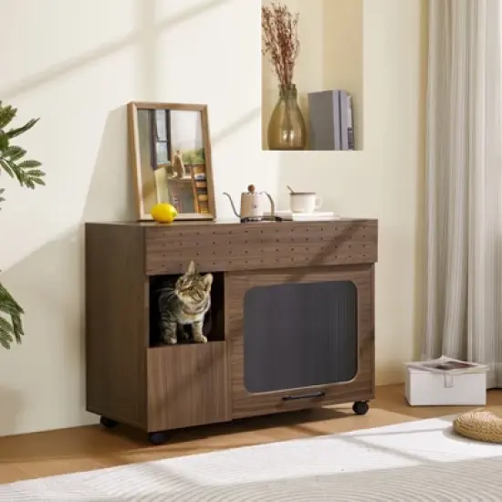 Cat Litter Box Enclosure, Hidden Litter Box Furniture Cabinet, Cat House Side End Table with Scratching Pad, Cat Washroom Indoor Fit Most Litter Box image {7}