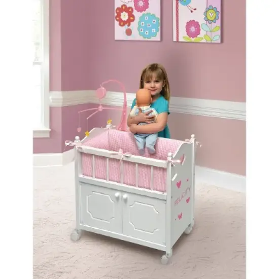 Badger Basket Cabinet Doll Crib with Gingham Bedding and Free Personalization Kit - White/Pink image {4}
