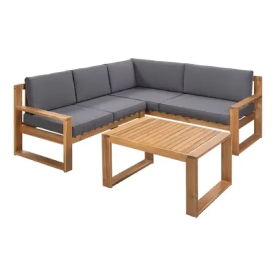 3pc Outdoor Acacia Wood Sectional Conversation Set with Cushions - Gray - GODEER image {2}