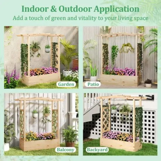 Tangkula Wooden Raised Garden Bed w/ Trellis & Hanging Roof Planter Box Drainage System image {9}