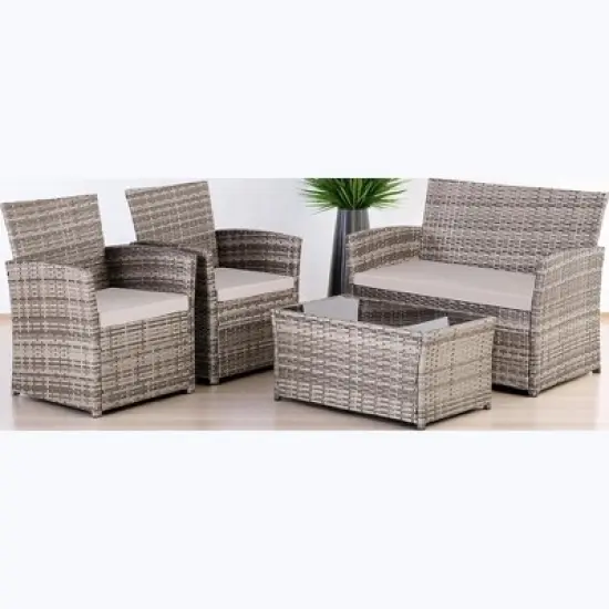 Mshliw 4-Piece Outdoor PE Wicker Furniture Set, Patio Gray Rattan Sectional Sofa with Washable Cushions for Garden, Porch, or Balcony image {6}