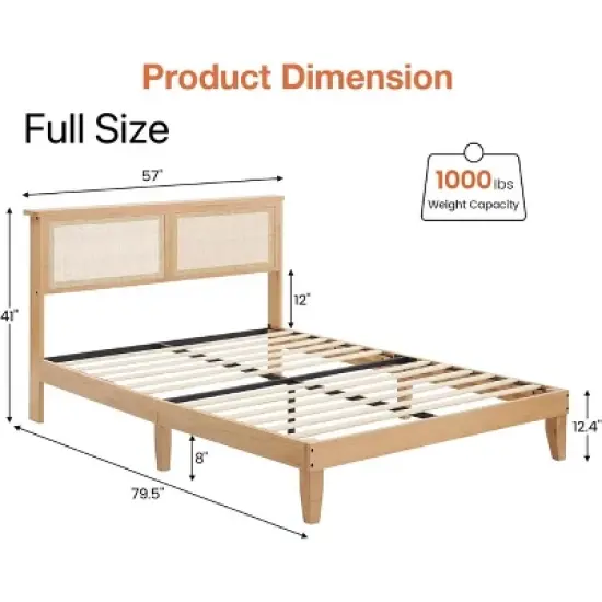 Rattan Bed Frame with Natural Rattan Headboard, Bed Frame with LED Lights, Rattan Bed Frame with Headboard, Solid Wood Foundation with Silent Slats image {7}
