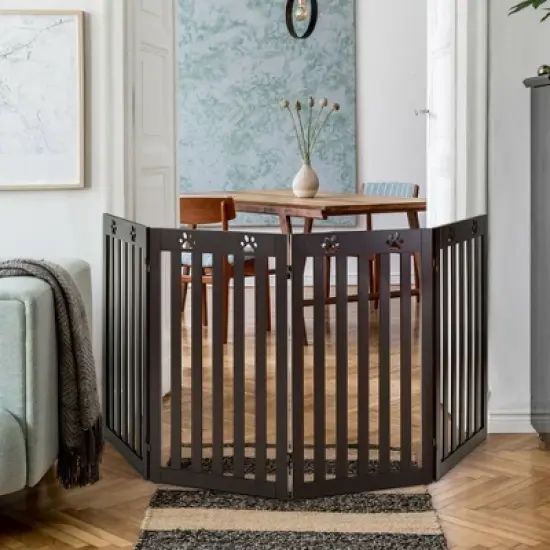 Costway 36'' Folding Wooden Freestanding Pet Gate Dog Gate W/360&deg; Hinge White/Espresso image {3}