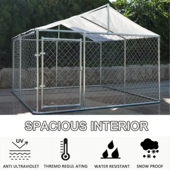 Outside Dog Kennel with Roof, Galvanized Steel Pet Enclosure Chain Link Dog House (90"D x 90"W x 65"H) image {6}