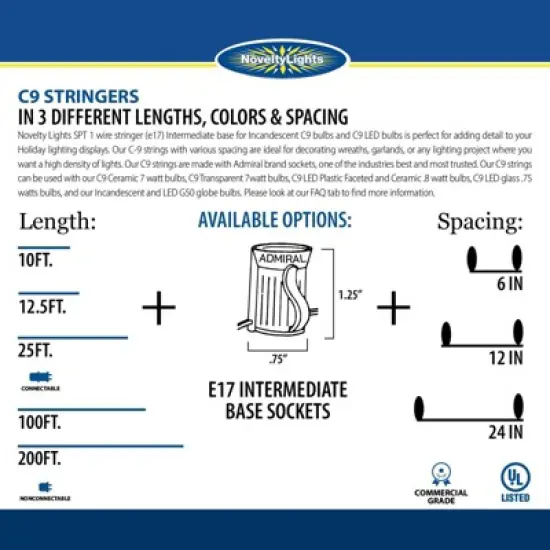 Novelty Lights C9/E17 Intermediate Base Christmas Stringer, Vintage Holiday Hanging Light String, SPT-1 20 Wire image {2}