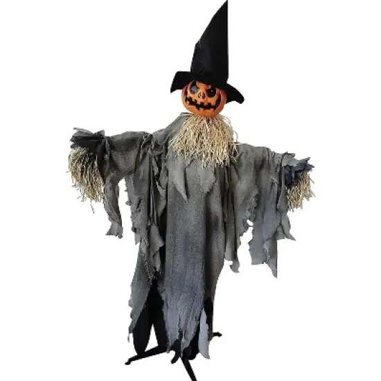 Sunstar Scarecrow Pumpkin with Hat Animated Halloween Decoration - 6 ft - Gray image {1}