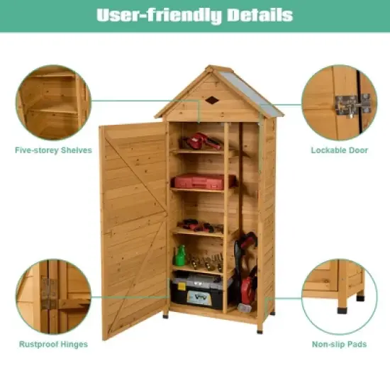Costway Outdoor Storage Shed Lockable Wooden Garden Tool Storage Cabinet W/ Shelves image {7}