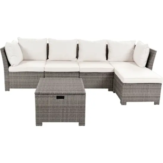 6PCS Patio PE Rattan Conversation Set, Outdoor All-weather Wicker Sectional Sofa Set, Beige-ModernLuxe image {7}