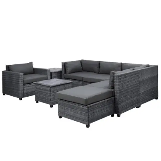 8pc Wicker Patio Conversation Set with Cushions - Gray - GODEER image {9}