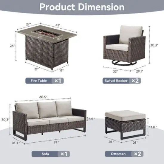 POCASSY 6PCS Patio Furniture Set with Fire Pit Table, All Weather Brown Wicker Patio Fire Pit Set with Swivel Patio Chairs and 41" Propane Fire Pit image {3}