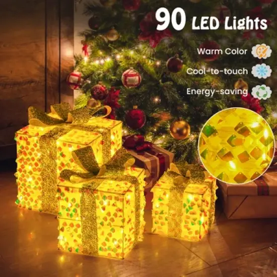 Tangkula Set of 3 Christmas Lighted Gift Boxes Pre-lit 90 LED Light Up Present Box Decorations with Bows and Plug image {4}