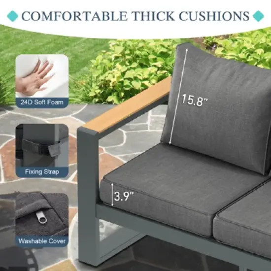 Aoodor Outdoor Aluminum Patio Furniture Sofa,  All-Weather Metal Outdoor Sofa Chairs with Washable Thick Cushion for Garden, Patio, Balcony and Proch image {6}