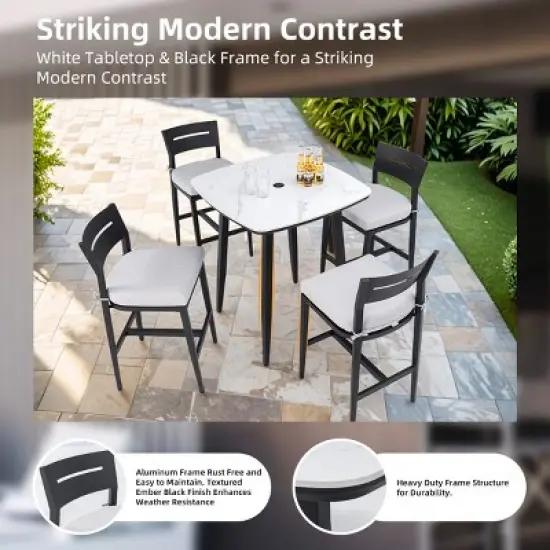 Modern 35'' Outdoor Bar Table, Square Pub Table with Marble-Inspired Sintered Stone Top, Umbrella Hole and Aluminum Frame, Bistro Table - Koiai image {4}