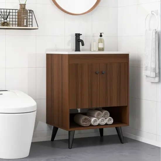 Tangkula 25 Inch Wooden Bathroom Vanity Sink Combo with Open Shelf & Sink & Pop Up Drain image {1}